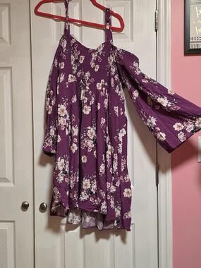 Purple Floral Off-Shoulder Dress with Bell Sleeve